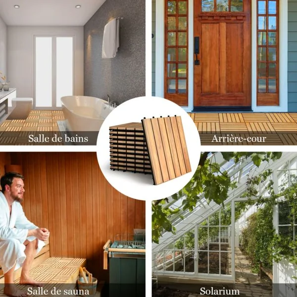 10 Dalles Carreaux de Terrasse 30×30 CM Plancher d'Exterieur Emboitable en Bois Acacia Huilé