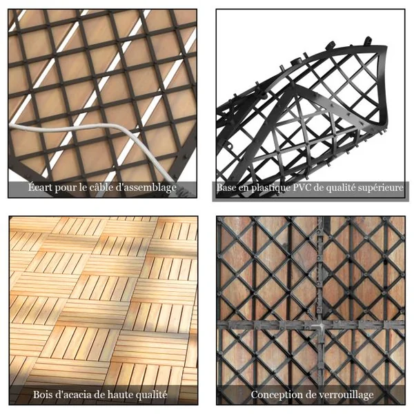 10 Dalles Carreaux de Terrasse 30×30 CM Plancher d'Exterieur Emboitable en Bois Acacia Huilé