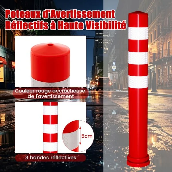10 Poteaux de Signalisation de Hauteur 65,5CM Dia. 8CM en Plastique Contrôle du Trafic Anti-Collision avec Bandes Réfléchissantes de 5CM