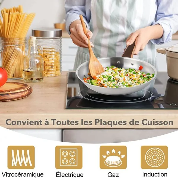 11 Éléments de Batterie de Cuisine Casseroles et Poêles Professionnelles avec Couvercles Transparents