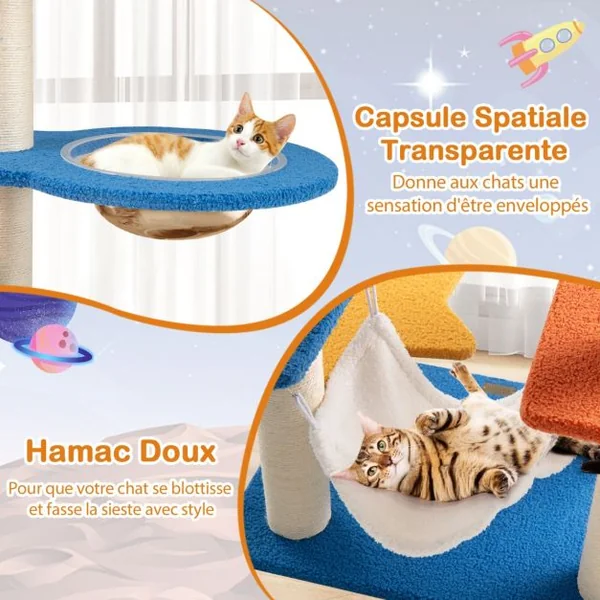 124 CM Arbre à Chat sur le Thème de l'Espace avec Perchoir en Forme d'UFO Capsule Spatiale Poteaux à Gratter en Sisal Bleu