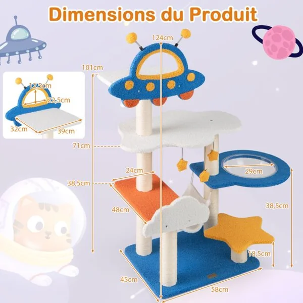 124 CM Arbre à Chat sur le Thème de l'Espace avec Perchoir en Forme d'UFO Capsule Spatiale Poteaux à Gratter en Sisal Bleu