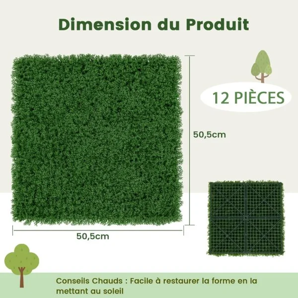 12 Panneaux Muraux en Gazon Artificiel 50,5 x 50,5 cm Panneaux de Mousse Verte Synthétique Toile de Fond Murale Haie d'Intimité
