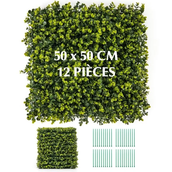 12 Panneaux Muraux en Gazon Artificiel 50 x 50 cm Panneaux de Buis avec Surface Texturée Incurvée et Epaisseur de 7 cm Haie d'Intimité
