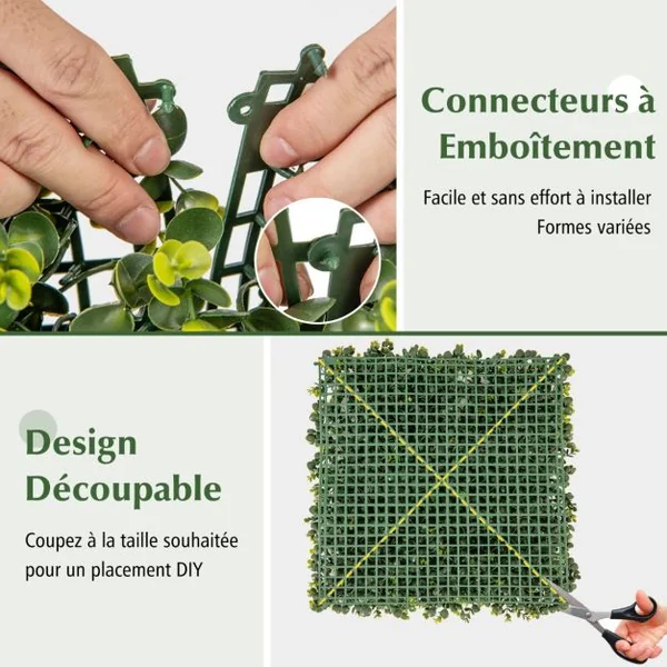 12 Panneaux Muraux en Gazon Artificiel 50 x 50 cm Panneaux de Buis avec Surface Texturée Incurvée et Epaisseur de 7 cm Haie d'Intimité