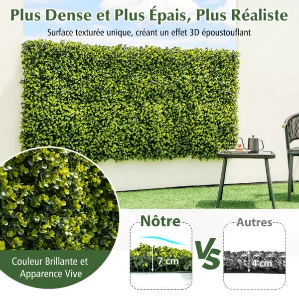12 Panneaux Muraux en Gazon Artificiel 50 x 50 cm Panneaux de Buis avec Surface Texturée Incurvée et Epaisseur de 7 cm Haie d'Intimité