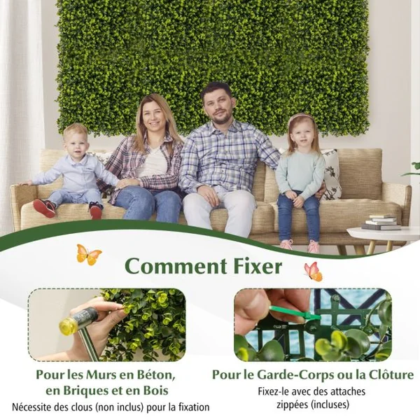 12 Panneaux Muraux en Gazon Artificiel 50 x 50 cm Panneaux de Buis avec Surface Texturée Incurvée et Epaisseur de 7 cm Haie d'Intimité
