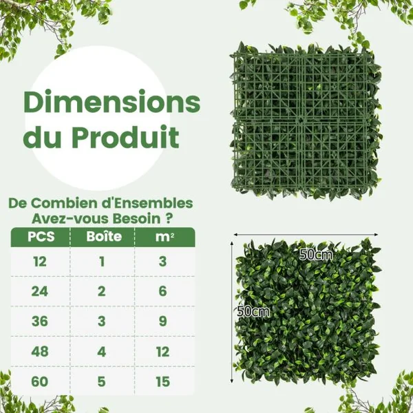 12 Panneaux Muraux en Gazon Artificiel 50 x 50cm Panneaux d'Arbustes en Imitation Topiaire de Gardénia Toile de Fond Murale Haie d'Intimité