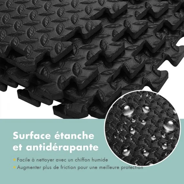 12 PCS de Tapis Puzzle pour Fitness en Mousse EVA Epaisse Conception Antidérapant Noir