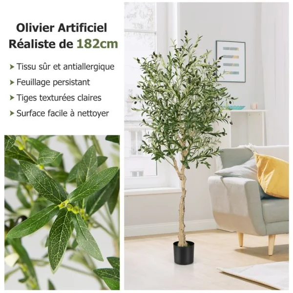 1/2 Plantes Artificielles Fausse Olivier en Pot H-182 cm Feuilles en Soie Décoration pour Intérieur/Extérieur
