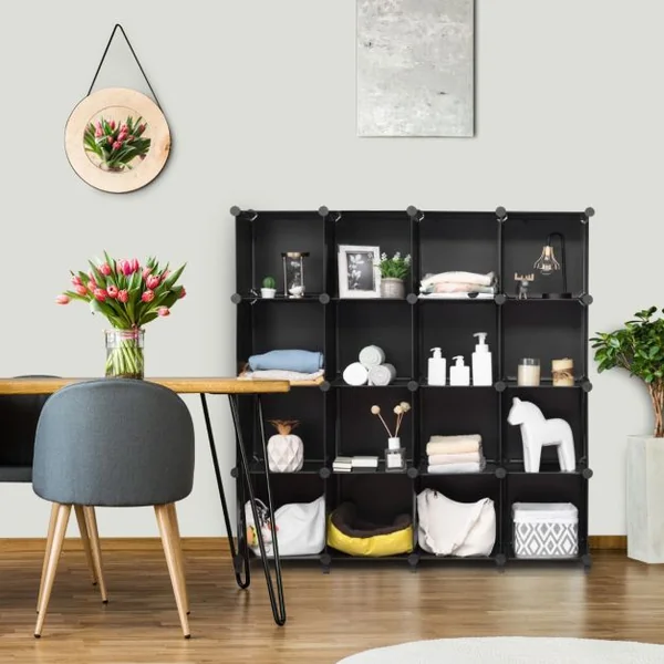 16 Cubes Armoire de Chambre Rangement avec Connecteurs ABS et Marteau Métallique Armoire Portable DIY Semi-transparent Noir