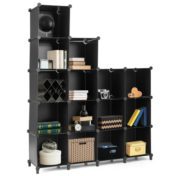 16 Cubes Armoire de Chambre Rangement avec Connecteurs ABS et Marteau Métallique Armoire Portable DIY Semi-transparent Noir