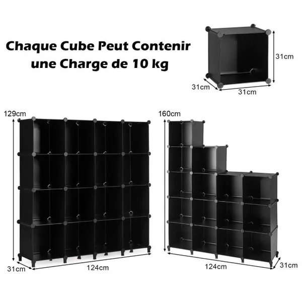 16 Cubes Armoire de Chambre Rangement avec Connecteurs ABS et Marteau Métallique Armoire Portable DIY Semi-transparent Noir