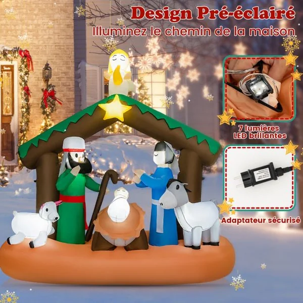 180 CM Décoration Gonflable de Noël Scène de la Naissance de Jésus avec 7 Lumières LED Intégrées