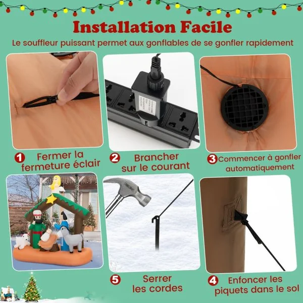 180 CM Décoration Gonflable de Noël Scène de la Naissance de Jésus avec 7 Lumières LED Intégrées