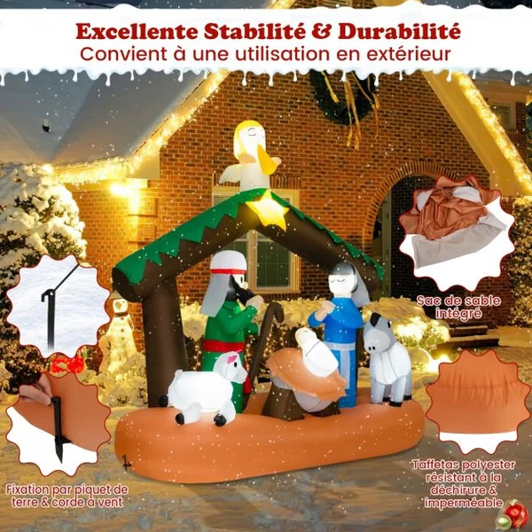 180 CM Décoration Gonflable de Noël Scène de la Naissance de Jésus avec 7 Lumières LED Intégrées