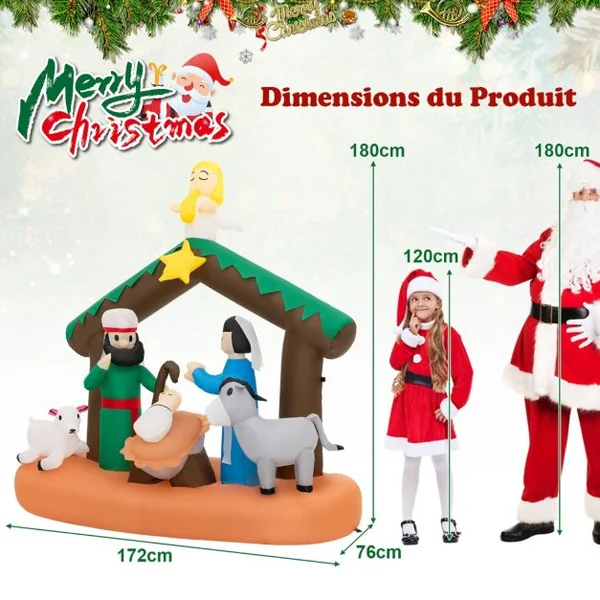 180 CM Décoration Gonflable de Noël Scène de la Naissance de Jésus avec 7 Lumières LED Intégrées