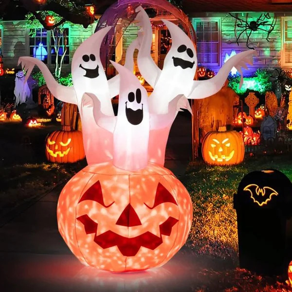 1,82 M Décoration Gonflable d’Halloween 3 Fantômes avec Citrouille avec Lumières Rotatives Colorées et Souffleur Intégré