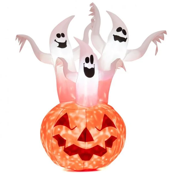 1,82 M Décoration Gonflable d’Halloween 3 Fantômes avec Citrouille avec Lumières Rotatives Colorées et Souffleur Intégré