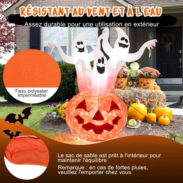 1,82 M Décoration Gonflable d’Halloween 3 Fantômes avec Citrouille avec Lumières Rotatives Colorées et Souffleur Intégré