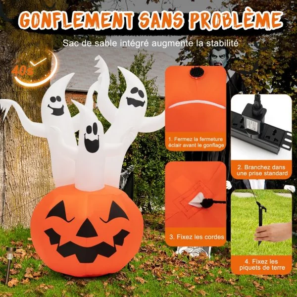 1,82 M Décoration Gonflable d’Halloween 3 Fantômes avec Citrouille avec Lumières Rotatives Colorées et Souffleur Intégré