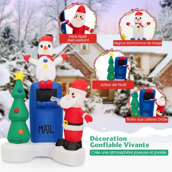 185CM Décoration Gonflable Noël - Père Noël Sapin de Noël, Bonhomme de Neige Boîte aux lettres - Lumières LED Sac de Sable