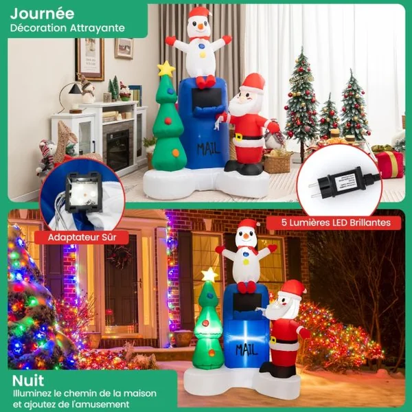 185CM Décoration Gonflable Noël - Père Noël Sapin de Noël, Bonhomme de Neige Boîte aux lettres - Lumières LED Sac de Sable
