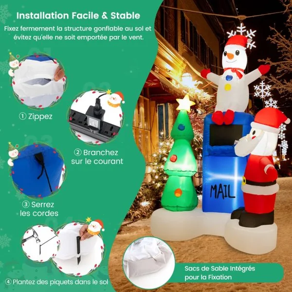 185CM Décoration Gonflable Noël - Père Noël Sapin de Noël, Bonhomme de Neige Boîte aux lettres - Lumières LED Sac de Sable