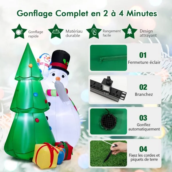 1,8 M Décoration de Noël Gonflable Sapin de Noël Gonflable avec 2 Bonhommes de Neige Lumières LED et Gonfleur Puissant