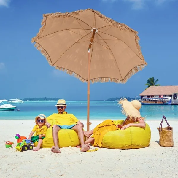 200 CM Parasol avec Pied Pliant Parasol de Plage Style Hawaïen avec Inclinaison à Bouton-Poussoir Sac de Transport Parasol Portable Naturel