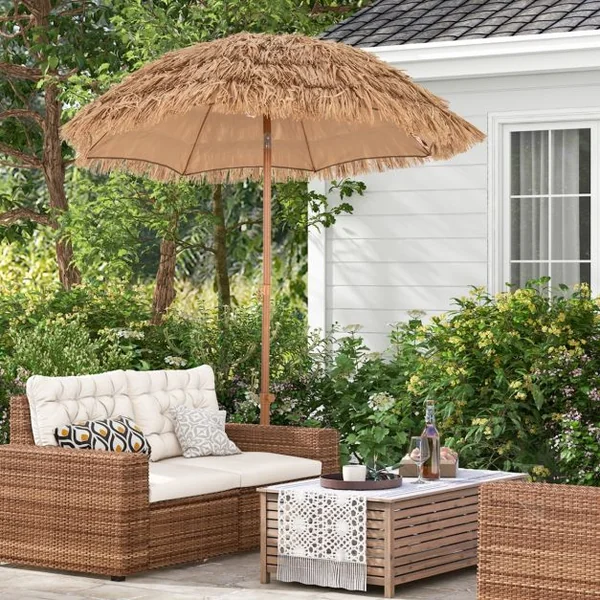 200 CM Parasol avec Pied Pliant Parasol de Plage Style Hawaïen avec Inclinaison à Bouton-Poussoir Sac de Transport Parasol Portable Naturel