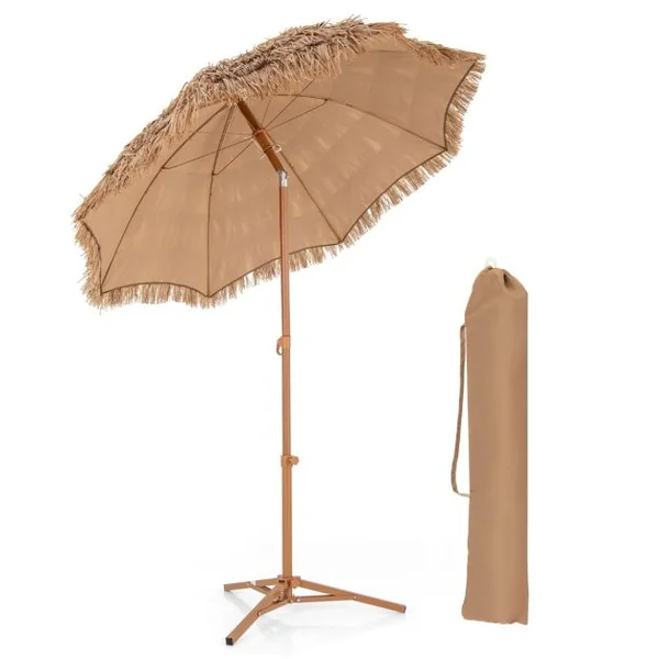 200 CM Parasol avec Pied Pliant Parasol de Plage Style Hawaïen avec Inclinaison à Bouton-Poussoir Sac de Transport Parasol Portable Naturel