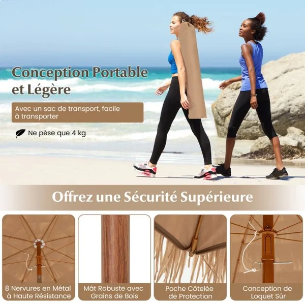 200 CM Parasol avec Pied Pliant Parasol de Plage Style Hawaïen avec Inclinaison à Bouton-Poussoir Sac de Transport Parasol Portable Naturel
