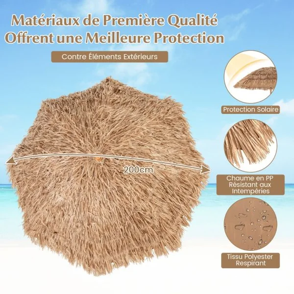 200 CM Parasol avec Pied Pliant Parasol de Plage Style Hawaïen avec Inclinaison à Bouton-Poussoir Sac de Transport Parasol Portable Naturel
