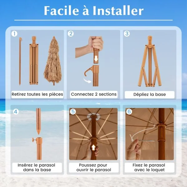 200 CM Parasol avec Pied Pliant Parasol de Plage Style Hawaïen avec Inclinaison à Bouton-Poussoir Sac de Transport Parasol Portable Naturel