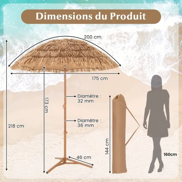 200 CM Parasol avec Pied Pliant Parasol de Plage Style Hawaïen avec Inclinaison à Bouton-Poussoir Sac de Transport Parasol Portable Naturel