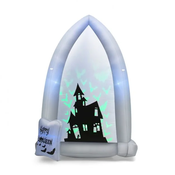2,1 M Décoration Gonflable d'Halloween Pierre Tombale/Châteaux avec Lumières de Projection Chauve-souris/Souffleur Intégré