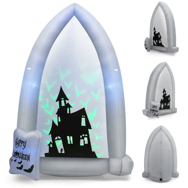 2,1 M Décoration Gonflable d'Halloween Pierre Tombale/Châteaux avec Lumières de Projection Chauve-souris/Souffleur Intégré