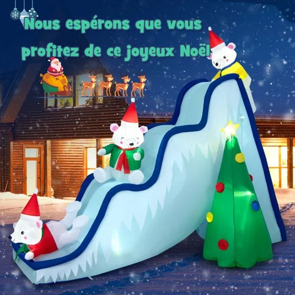 220 CM Décoration Gonflable de Noël avec 6 Lumières LED 3 Ours Polaires Toboggan et Sapin de Noël pour Intérieur/Extérieur
