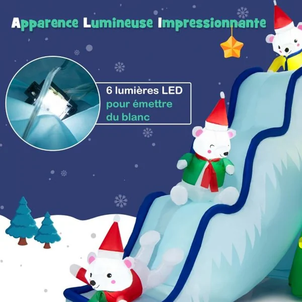 220 CM Décoration Gonflable de Noël avec 6 Lumières LED 3 Ours Polaires Toboggan et Sapin de Noël pour Intérieur/Extérieur