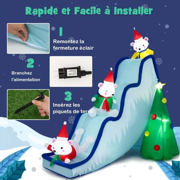 220 CM Décoration Gonflable de Noël avec 6 Lumières LED 3 Ours Polaires Toboggan et Sapin de Noël pour Intérieur/Extérieur