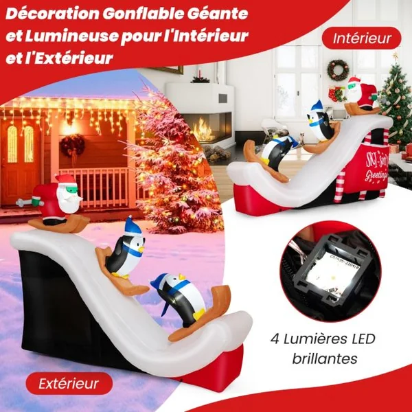 280 CM Décorations Gonflables de Noël avec 4 Lumières LED et 3 Sacs de Sable Père Noël et Pingouins Skiant