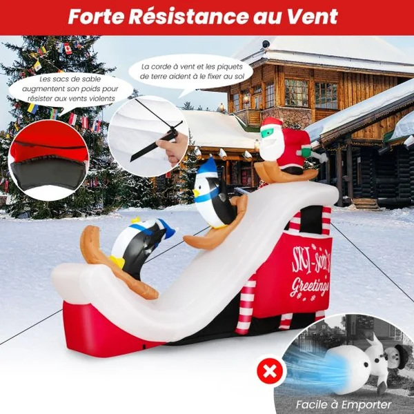 280 CM Décorations Gonflables de Noël avec 4 Lumières LED et 3 Sacs de Sable Père Noël et Pingouins Skiant