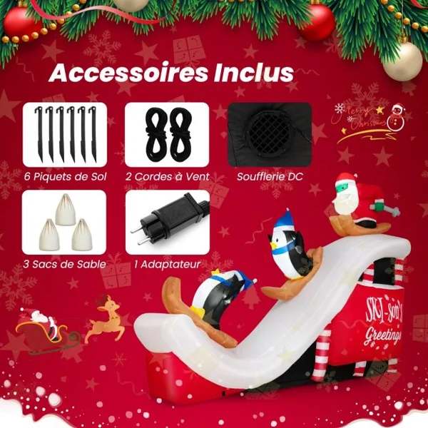 280 CM Décorations Gonflables de Noël avec 4 Lumières LED et 3 Sacs de Sable Père Noël et Pingouins Skiant
