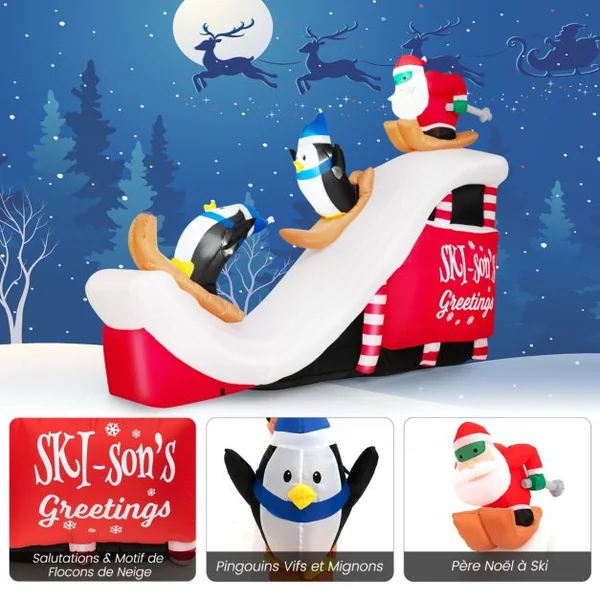 280 CM Décorations Gonflables de Noël avec 4 Lumières LED et 3 Sacs de Sable Père Noël et Pingouins Skiant