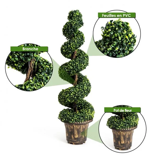 2 Arbres en Spirale Artificiels avec Pot Cyprès Topiaire Hauteur 120CM Feuilles en PVC