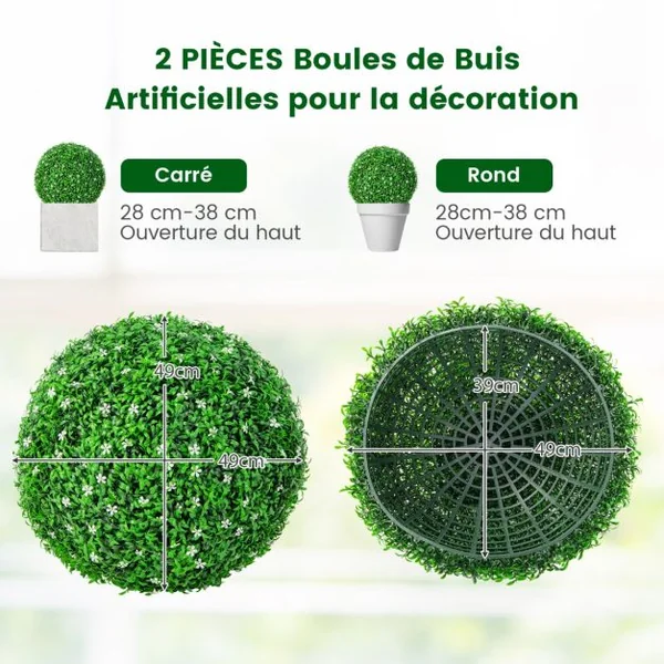 2 Boules 49 cm Plante Artificielle Topiaire UV-Proof Faux Plantes pour Intérieur et Extérieur