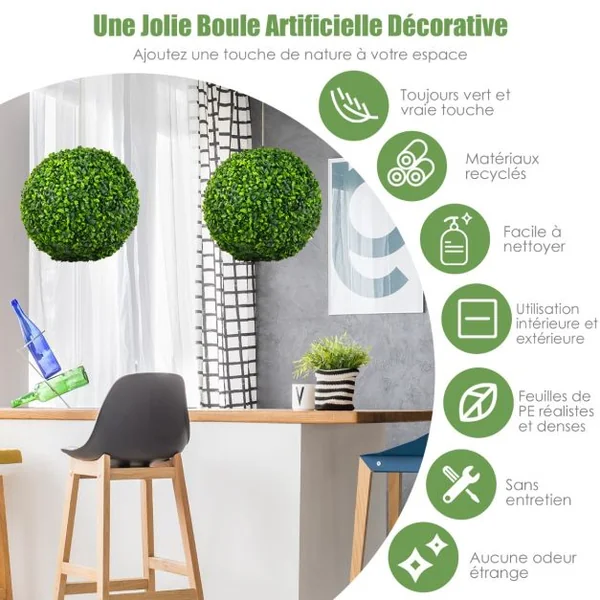 2 Boules de Buis Artificielles 40 cm Résistantes aux UV Plantes de Faux en Boules Topiaire Décoratives pour Intérieur Extérieur