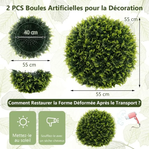 2 Boules de Buis Artificielles 50 cm Résistantes aux UV Plantes en Boules de Faux Topiaire de Cèdre Décoratives
