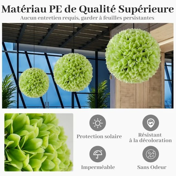 2 Boules de Buis Artificielles de 28 cm avec des Fleurs Plantes de Faux en Boules à Suspendre ou Poser Sphère de Jardin Décoratives Rose/Vert